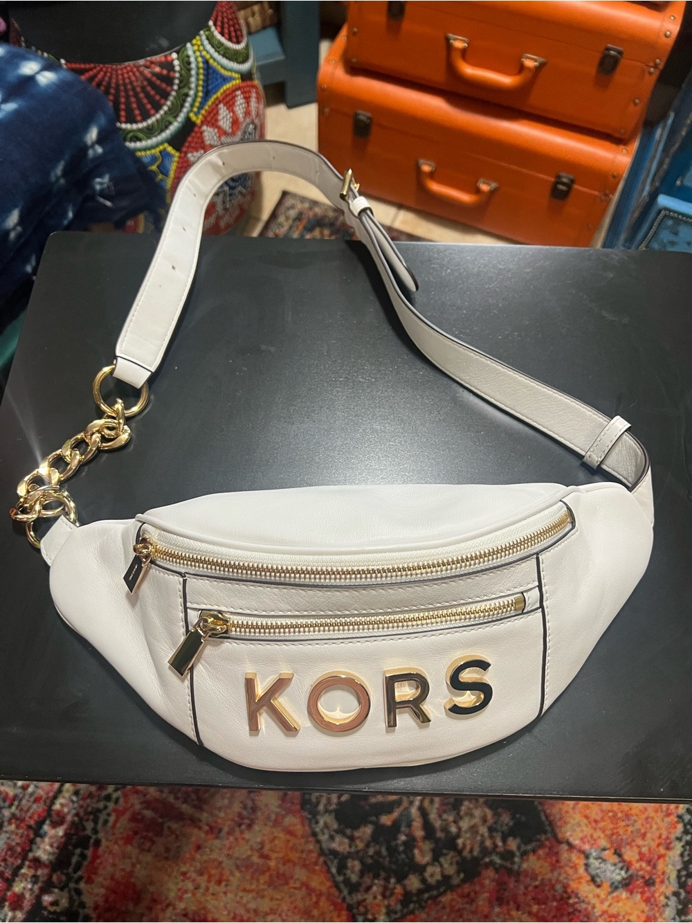 Michael Kors White Leather Crossbody Belt Bag with Gold Hardware